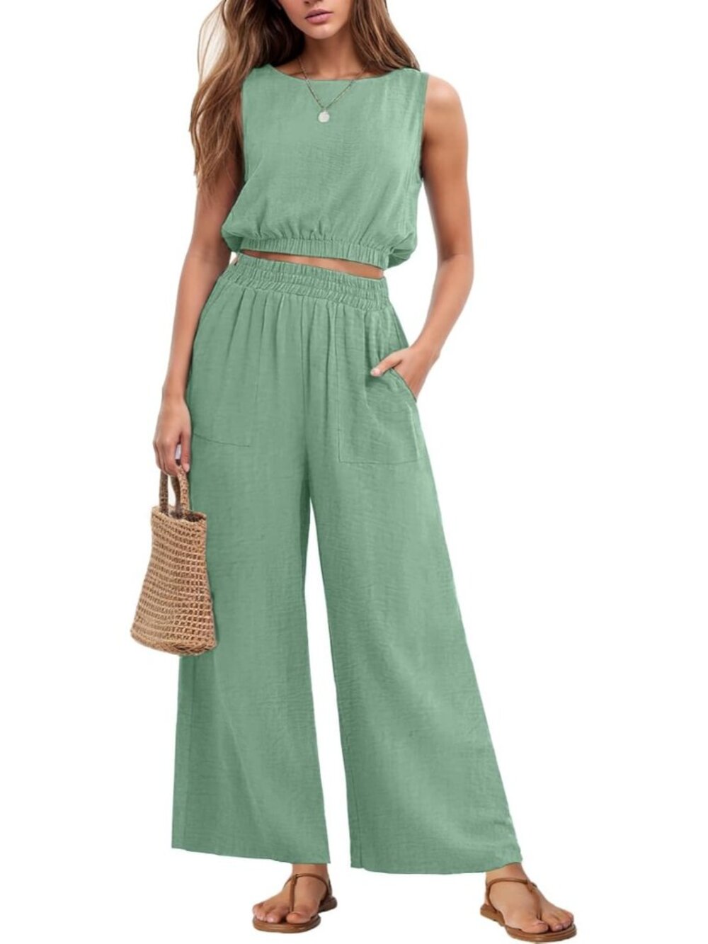 Women's Two Piece Sets Sleeveless Green Crop Top Wide Leg Pant Travel Outfit